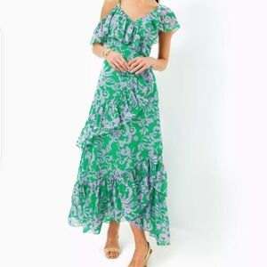 Lilly Pulitzer Rosalynn Ruffle Maxi Dress Floral Green Purple Size 14